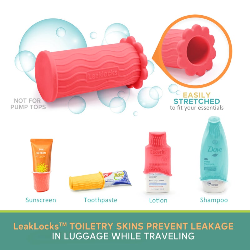 Rinseroo LeakLocks Toiletry Skins Elastic Sleeve for Leak Proofing Travel Container in Luggage. For Standard and Travel Sized Toiletries. Reusable Accessory for Travel Bag Suitcase and Carry-on Luggage - Image 2